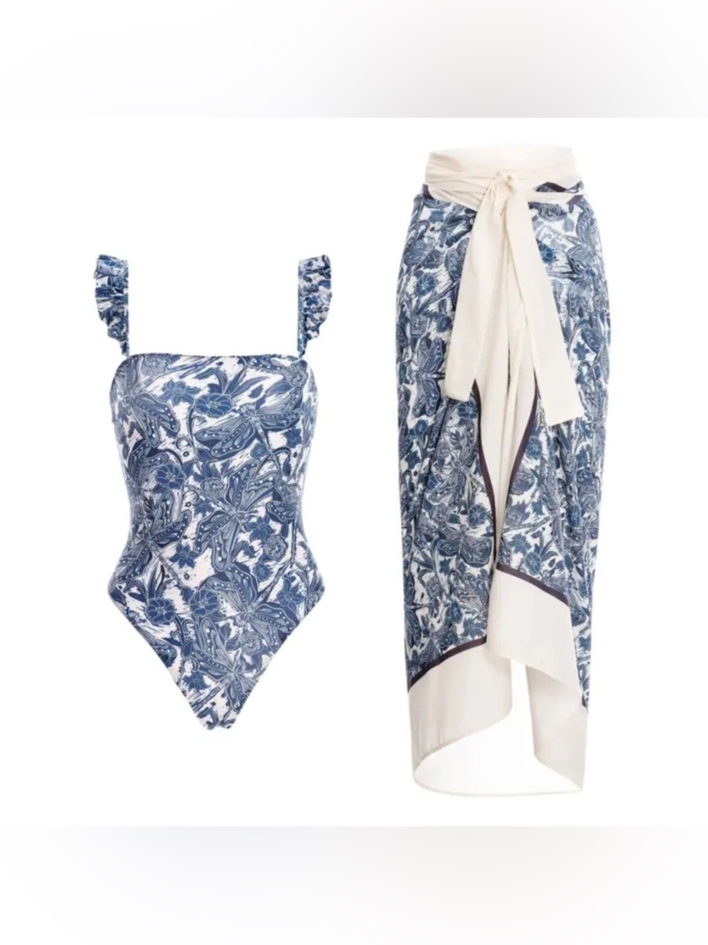 Blue Floral One-Piece Swimsuit with Matching Sarong